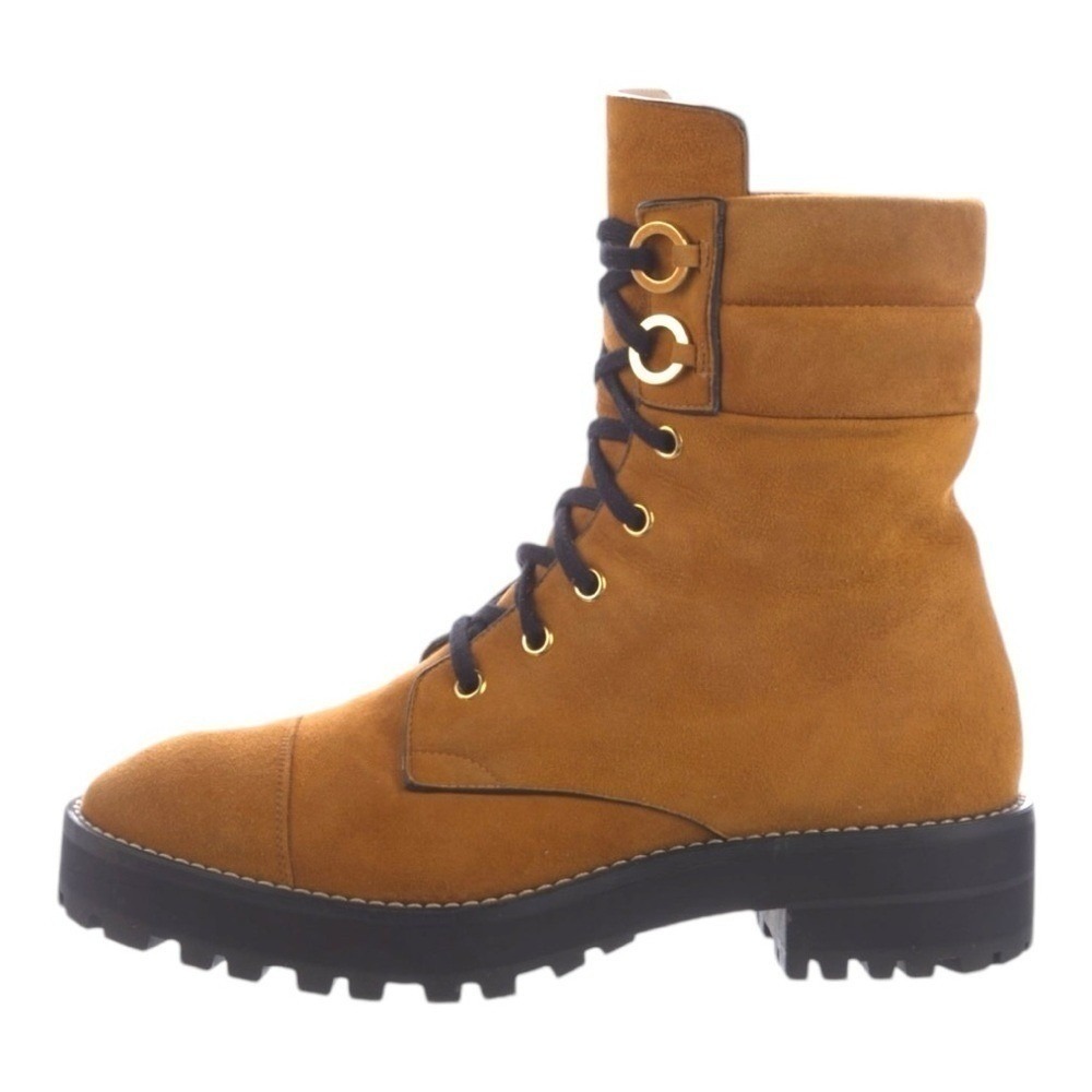 Stuart Weitzman Leather Lace Up Gold Eyelets Platform Lug Sole Boots‎ Size 5.5